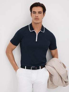 Navy Reiss Cannes Cotton Contrast Collar Half-Zip Polo Shirt