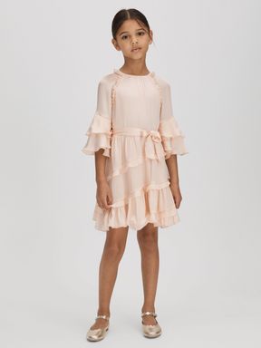 Pink Reiss Polly Textured Satin Frilly Dress