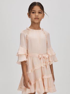 Pink Reiss Polly Textured Satin Frilly Dress