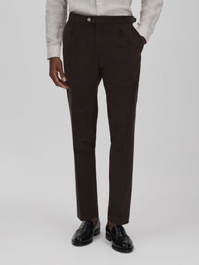 Dark Brown Oscar Jacobson Slim Fit Adjustable Cotton Trousers