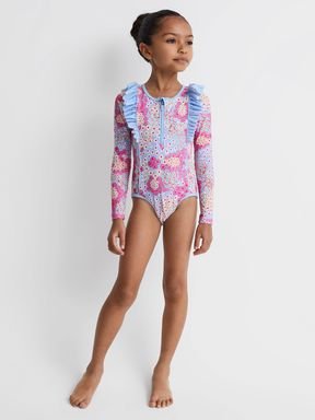 Pink Reiss Poppy Floral Print Ruffle Long Sleeve Swimsuit