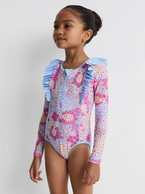 Pink Reiss Poppy Floral Print Ruffle Long Sleeve Swimsuit