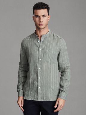 Sage Stripe Reiss Ocean Linen Grandad Collar Shirt