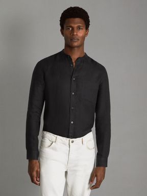 Black Reiss Ocean Linen Grandad Collar Shirt
