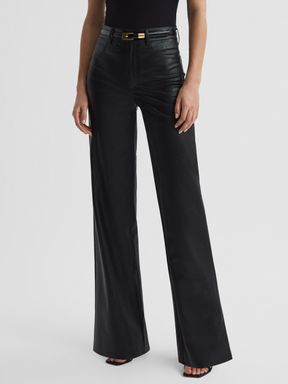 Black Paige High Rise Leather-Look Wide Leg Jeans