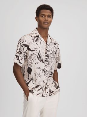 Black/White Reiss Epoque Sketch Design Cuban Collar Shirt