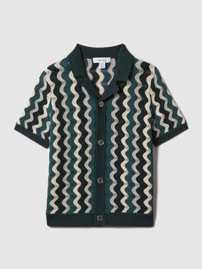Green Multi Reiss Waves Knitted Cuban Collar Shirt