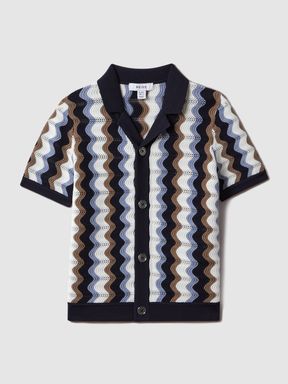 Blue Multi Reiss Waves Knitted Cuban Collar Shirt