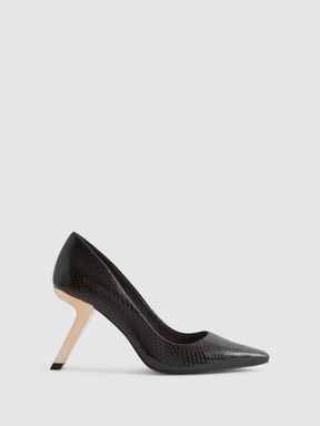 Black Reiss Monroe Leather Angled Heel Court Shoes
