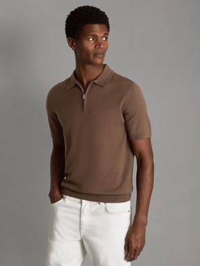 Pecan Brown Reiss Maxwell Merino Wool Half-Zip Polo Shirt