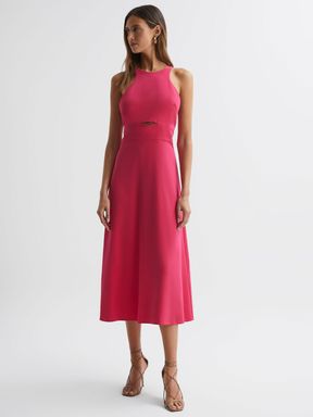 Pink Reiss Vienna Halter Neck Cut Out Midi Dress