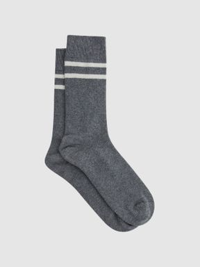 Grey Melange Reiss Alcott Wool Blend Striped Crew Socks