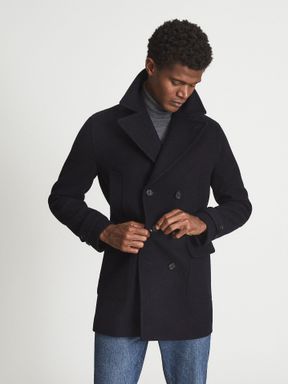 Navy Reiss Cork Double Breasted Wool Blend Peacoat