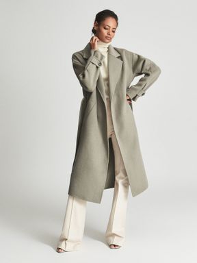 Khaki Reiss Olive Wool Blend Oversized Overcoat