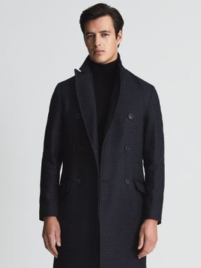Navy Reiss Mirage Double Breasted Wool Blend Coat