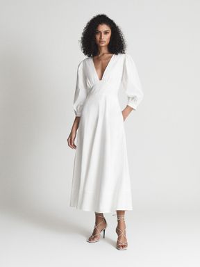 White Reiss Christie Puff Sleeve Plunge Midi Dress