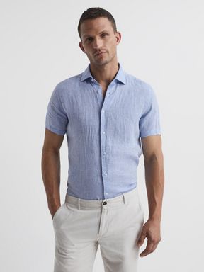 Soft Blue Reiss Holiday Slim Fit Linen Button-Through Shirt