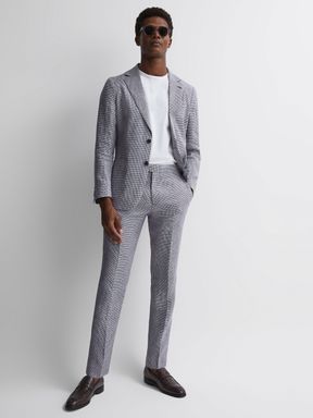 Navy Reiss Squad Linen Dogtooth Adjuster Trousers