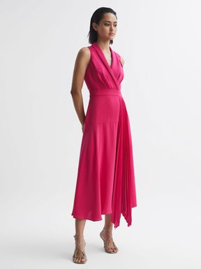 Pink Reiss Claire Pleated Fitted Midi Dress