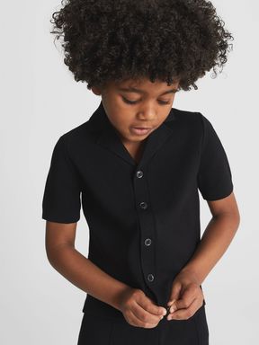 Black Reiss Chico Junior Cuban Collar Stretch Shirt