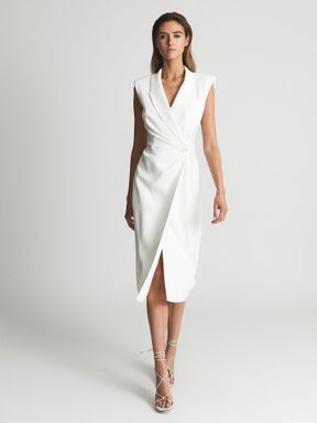 White Reiss Cecile Tuxedo Bodycon Midi Dress
