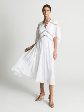 White Reiss Delphine Macrame Midi Dress