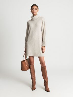 Neutral Reiss Lucie Knitted Roll Neck Dress