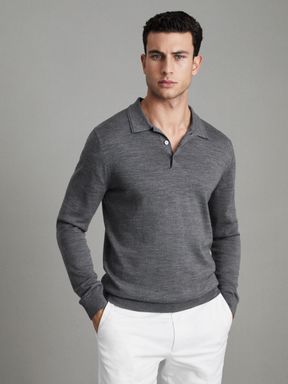 Mid Grey Melange Reiss Trafford Merino Wool Polo Shirt