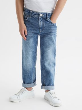 Mid Blue Reiss Quay Junior Stonewash Tapered Slim Fit Jeans