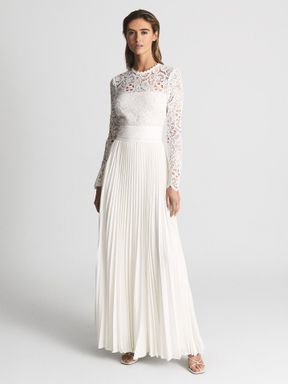 White Reiss Hazel Lace Top Pleated Dress