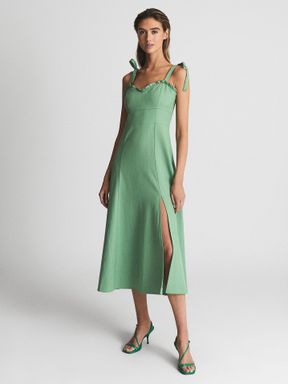 Green Reiss Yanna Strappy Linen Blend Midi Dress