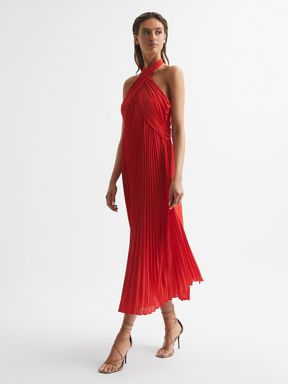 Red Reiss Roya Halter Neck Pleat Midi Dress