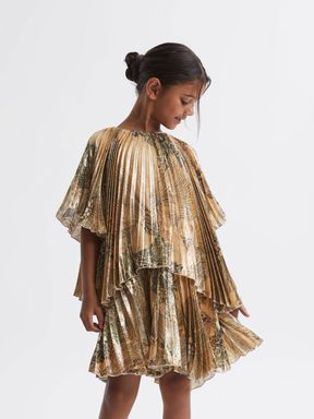 Gold Reiss Rhea Metallic Pleated Tiered Dress