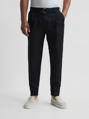 Navy Reiss Crease Linen Belted Tapered Trousers
