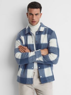 Blue Reiss Scott Brushed Wool-Cotton Check Overshirt