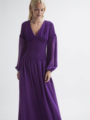 Dark Purple Florere Plunge Neck Shirred Maxi Dress
