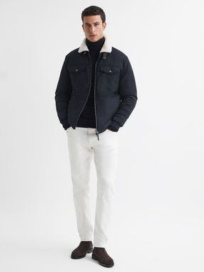 Navy Reiss Harvey Quilted Faux Shearling Collar Coat