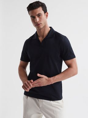 Navy Reiss Jaxx Mercerised Open Collar Polo T-Shirt