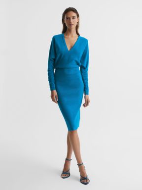 Blue Reiss Jenna Wool Blend Ruched Sleeve Midi Dress