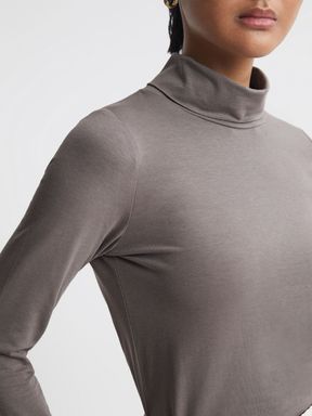 Taupe Reiss Piper Fitted Roll Neck T-Shirt