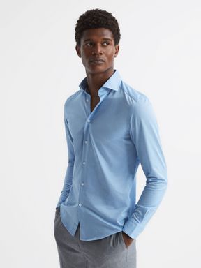Soft Blue Reiss Nate Cutaway Collar Jersey Slim Fit Shirt