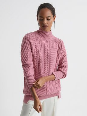 Pink Reiss Martha Cable Knit High Neck Jumper