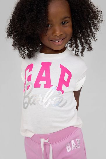 White Metallic Barbie Logo Short Sleeve Crew Neck T-Shirt (Newborn-5yrs)