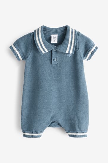 Blue Brannan Bear Baby Knitted Short Sleeve Collared Rompersuit (Newborn-24mths)