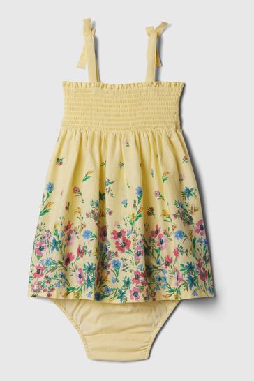 Gap Yellow Baby Linen Cotton Blend Smocked Dress
