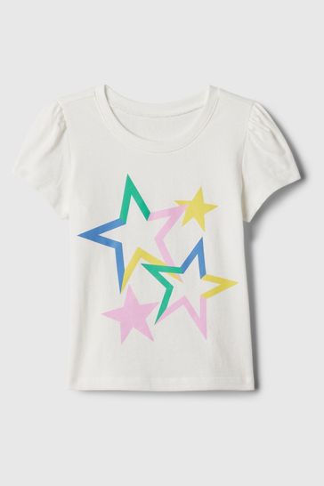 White Graphic Short Flutter Sleeve Crew Neck T-Shirt (Newborn-5yrs)
