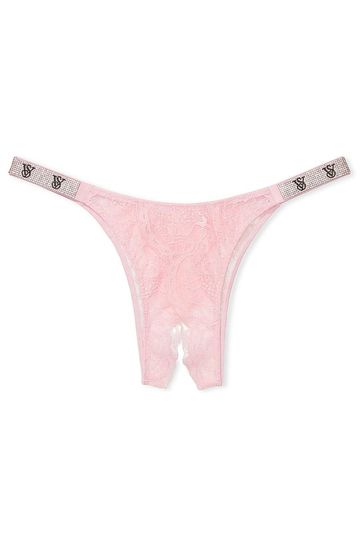 Victoria's Secret Pretty Blossom Pink Lace Brazilian Shine Strap Crotchless Knickers