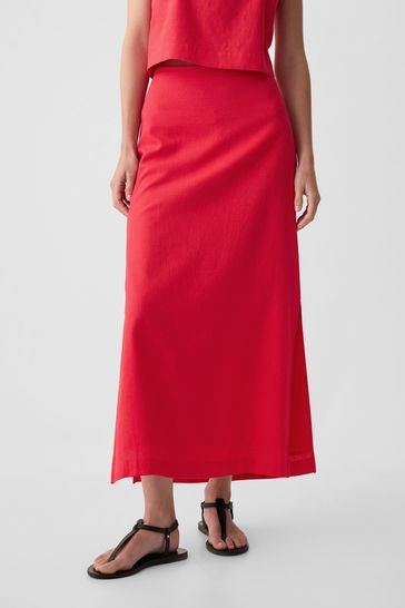Red Linen Blend Maxi Skirt