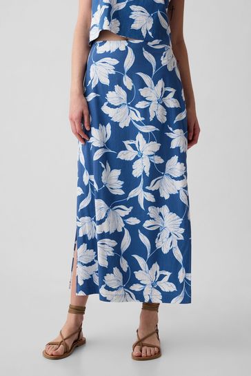 Blue Floral Linen Blend Maxi Skirt