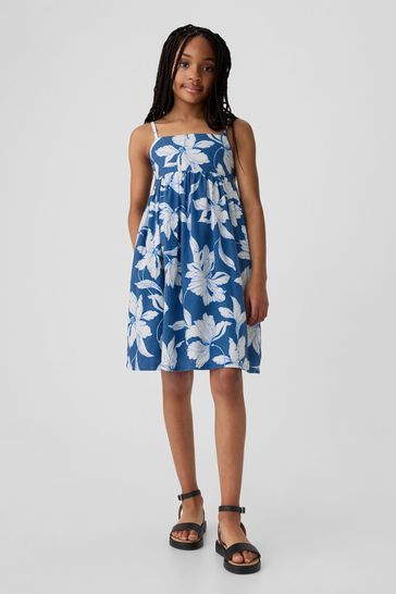 Blue Cotton Floral Square Neck Smock Dress (4-13yrs)